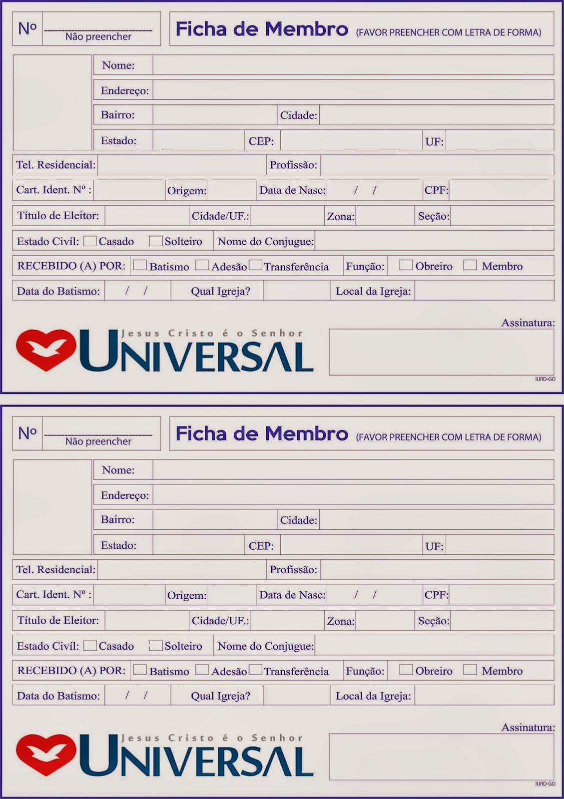 FICHA DE CADASTRO DE MEMBROS DA UNIVERSAL PARA OS PASTORES 