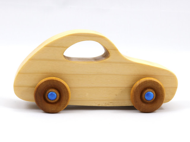 Wood Toy Car Classic Handmade and Finished with Clear Shellac and Metallic Blue Acrylic Paint, 1957 Bug From The Play Pal Collection