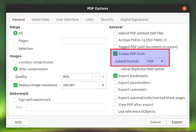 Export PDF form options LibreOffice