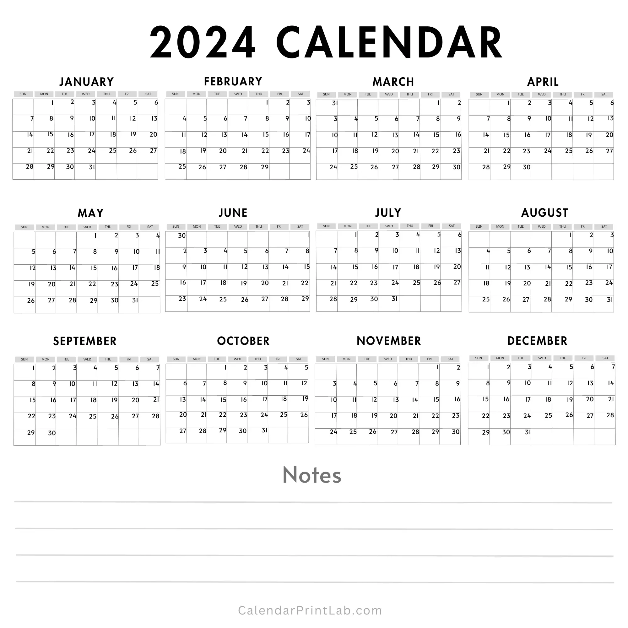 2024 calendar printable with notes section