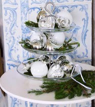 silver ornaments tiered tray Christmas table