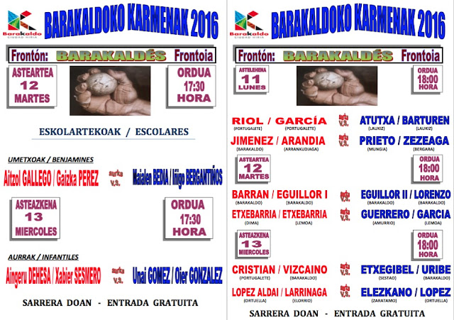 Cartel de partidos del 11 al 13 de julio en el Frontón Barakaldés