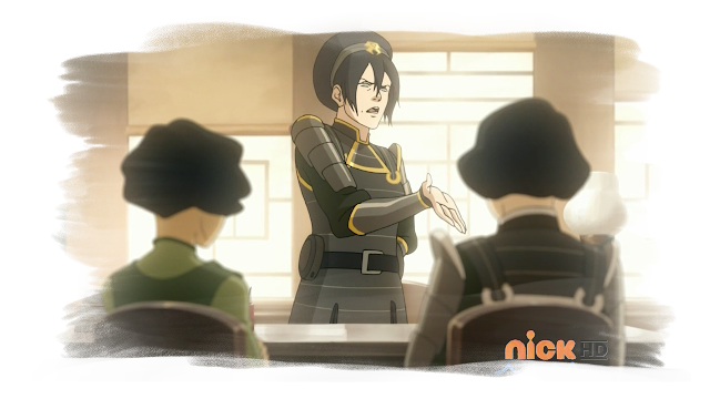 A screenshot of the legend of Korra showing Toph, a middle-aged woman with black hair and metal armour, lecturing her two daughters.