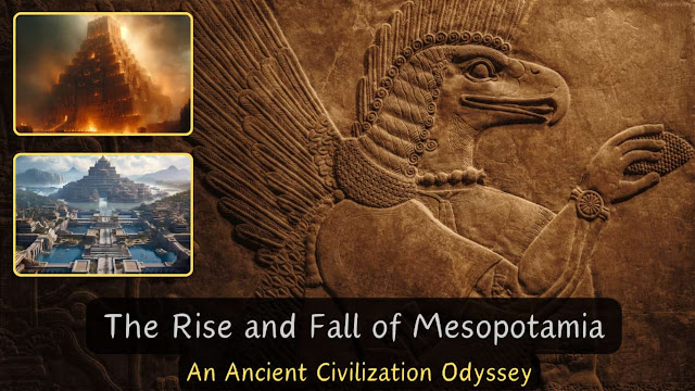 An illustration depicting the rise and fall of Mesopotamia, showcasing ancient civilizations, monumental architecture, and the journey through history