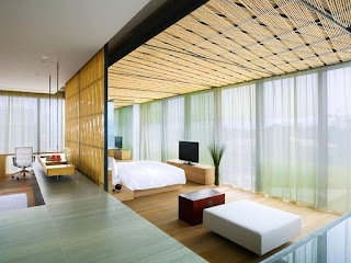 modern japanese bedroom with wood floor