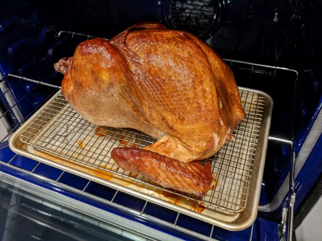 Side view of Butterball Whole Smoked Turkey out of the oven.