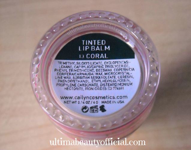 Bottom Cailyn tinted lip balm jar with list of ingredients (See Cailyn website for up-to-date list)