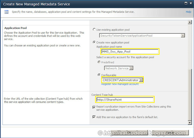 Configure sharepoint 2010 managed metadata service account, Content Type hub