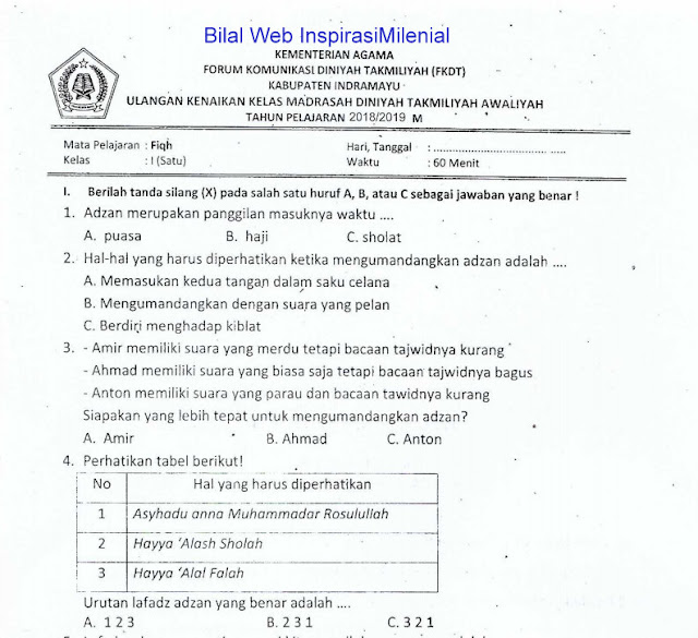 Download Soal UKK Madrasah Diniyah Takmiliyah Awaliyah (MDTA) Mapel Fiqih Kelas 1 Tahun 2018-2019 M