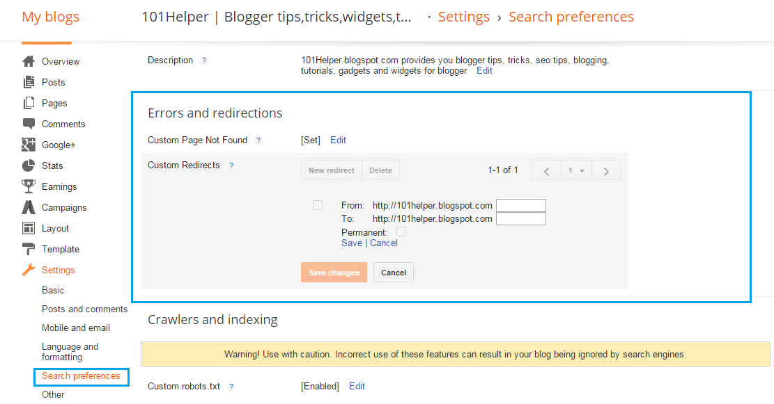 how to set redirections in blogger blog