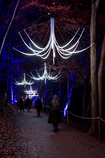 Chandeliers drape from the trees as visitors amble through a beautiful display.  Image credit Chicago Botanic Garden.