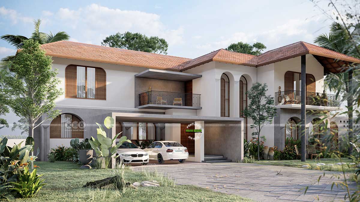 Side elevation of tropical home design highlighting architectural details and surrounding greenery