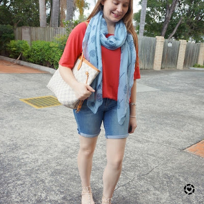 awayfromtheblue instagram summer bermuda denim shorts studded sandals red slouchy tree Jeanswest outfit with scarf and neverfull