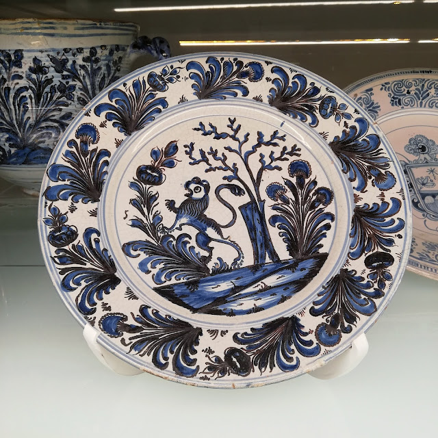 Plate with blue decorations on white background in the MuMa (museum of majolica ) of Laterza