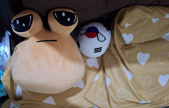 A close-up of two plush toys, one resembling a cartoon frog and the other a ball with the South Korean flag, lying on yellow bedding with white heart shapes.