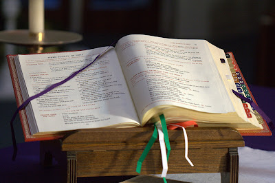 Close up of Liturgy Book bookmarking Third Sunday of Lent