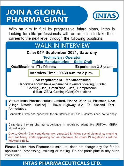 Job Availables, Intas Pharma Limited – Walk-In Interview For Tablet Manufacturing - Solid Oral