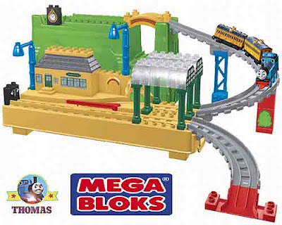 Toddlers all aboard building brick Mega Bloks Thomas the train Annie and Clarabel passenger coaches