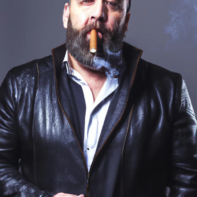 Grey bearded dark triad Master wearing black leather jacket smoking cigar
