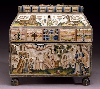 from the V&A Museum, this casket embroidery very much resembles the 17th century stump work embroidery conserved at Spicer Art Conservation