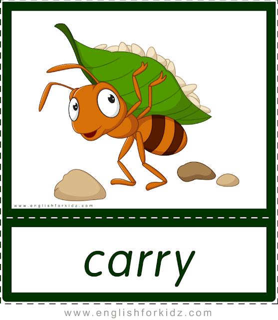 Carry (ant) - printable animal actions flashcards for English learners