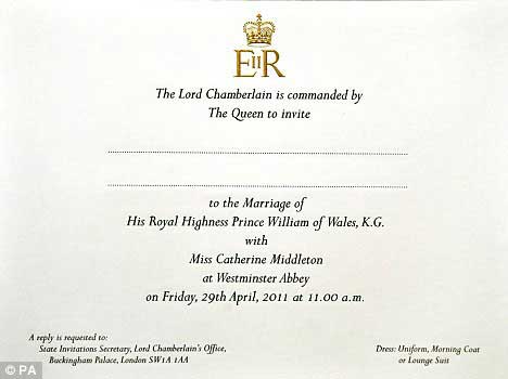 royal wedding invitation. The royal wedding is mentioned