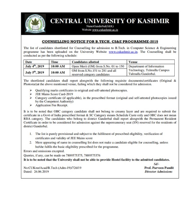 Central University of Kashmir counselling notice & list for Btech(CS and E) programmes 2019