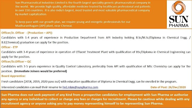 Sun Pharma | Hiring for Production/ETP/QC at Chennai | Send CV