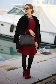 black faux fur, Carven burgundy dress, Icone boots, Givenchy Antigona bag, Fashion and Cookies, fashion blogger