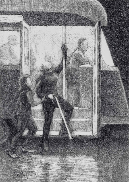 "Pencil drawing of bald, bearded man with cane stepping down from old-fashioned trolley car with assistance from woman supporting his arm and shoulder. Trolley driver and passengers faintly visible in background."