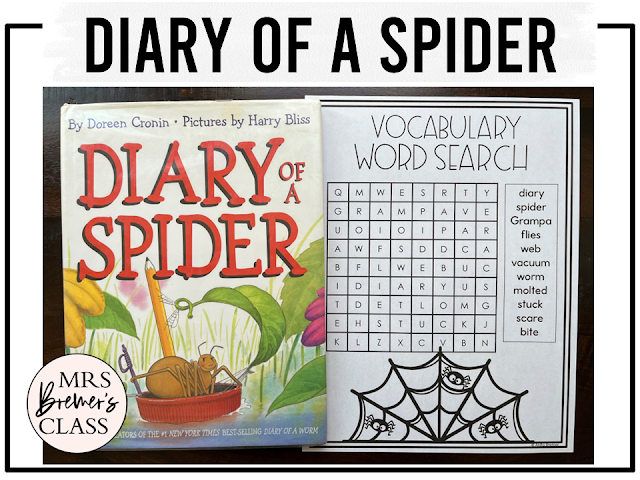 Diary of a Spider book activities unit with literacy printables, reading companion worksheets, lesson ideas, for First Grade and Second Grade