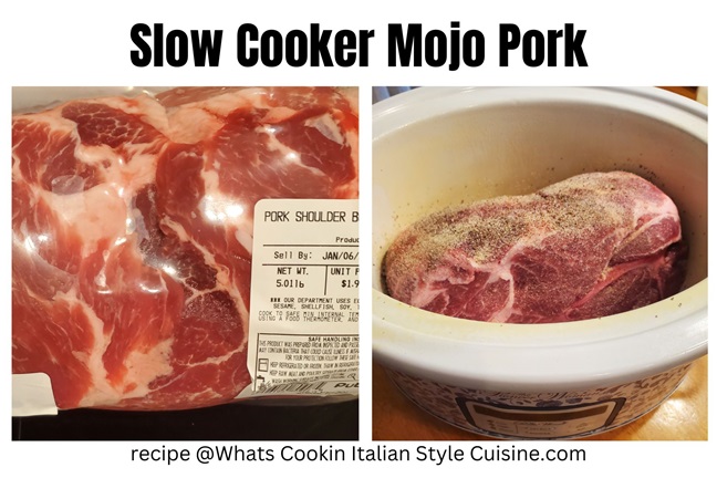 raw pork shoulder and then seasoned in the slow cooker collage