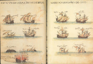 A armada de Pedro Álvares Cabral em 1500 segundo o Livro de Lisuarte de Abreu (1563, conservado em The Morgan Library & Museum; imagem disponível em The Nautical Archaeology Digital Library).