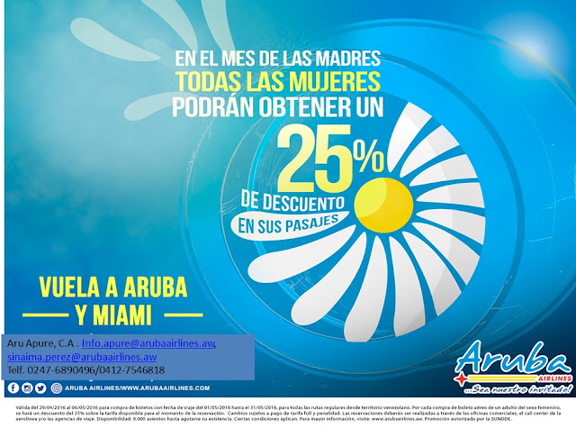 Visita dos destinos Aruba y Miami con Aruba Airlines y celebra el día de las Madres. Para cotizaciones: 58-247-2546092 / 58-4127546818