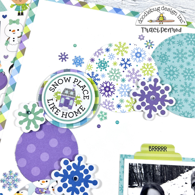 12x12 Snow Much Fun Winter Layout with snowflakes, circles, and a cute little house
