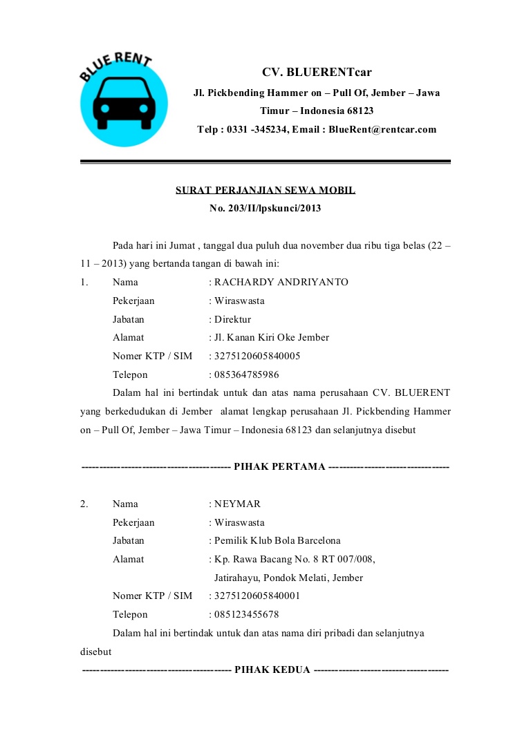 surat perjanjian sewa mobil  wood scribd indo