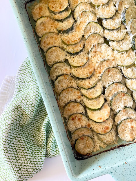 Scalloped Parmesan Zucchini Bake #sweetsavoryeats #zucchinibake