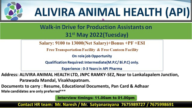 Job Available's for ALIVIRA ANIMAL HEALTH (API) Walk- In Interview for Production Assistants