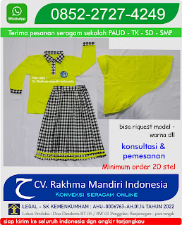 Seragam sekolah muslim anak tk– terbaru – ukuran anak tk dan paud pakaian sekolah muslim perempuan model panjang- rok panjang , warna baju kuning pala kombinasi list kotak kotak hitam putih, kerudung warna kuning pala polos, jenis kain baju kaos katun combed– rok kotak katun akrilik. kelebihan : tekstur kain tebal, elastitis, adem, harga murah, gratis bordir logo sekolah tk - ongkir diskon special poduksi CV. Rakhma mandiri Indonesia KODE PRODUK BM-15