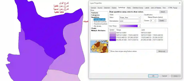 ترميز طبقة من نوع  مضلع تصنيف كميات (Symbology)