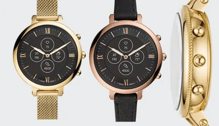 Photo of two versions of Fossil smartwatch Monroe Hybrid HR in gold and tan