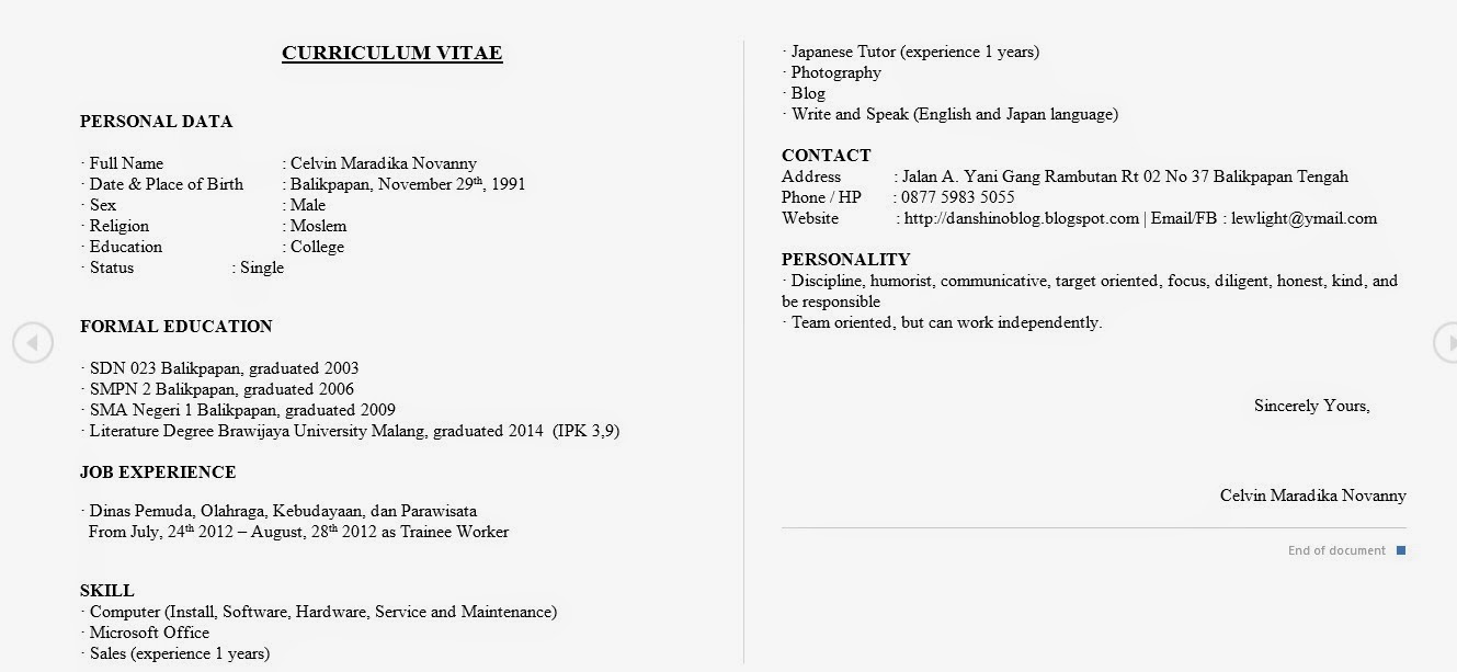 Curriculum Vitae - Daftar Riwayat Hidup ----Versi Danshi ~ Danshi No ...