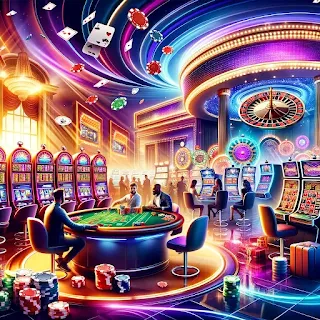 Gambar suasana kasino yang hidup dan dinamis menampilkan berbagai permainan judi seperti mesin slot, meja poker, roda roulette, dan meja blackjack. Latar belakang berisi lampu terang dan suasana mewah, dengan pemain yang terlibat dalam permainan dan bersenang-senang. Gambar ini menyampaikan kegembiraan dan hiburan.