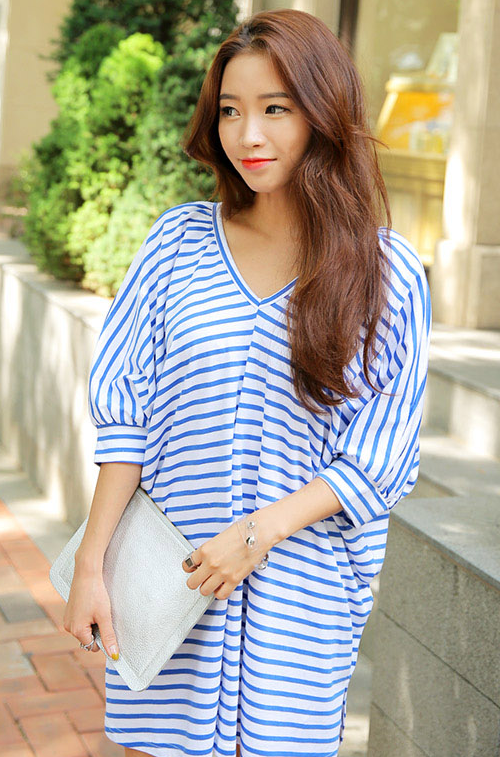 Double V-Neck Stripe Balloon Sleeved Dress