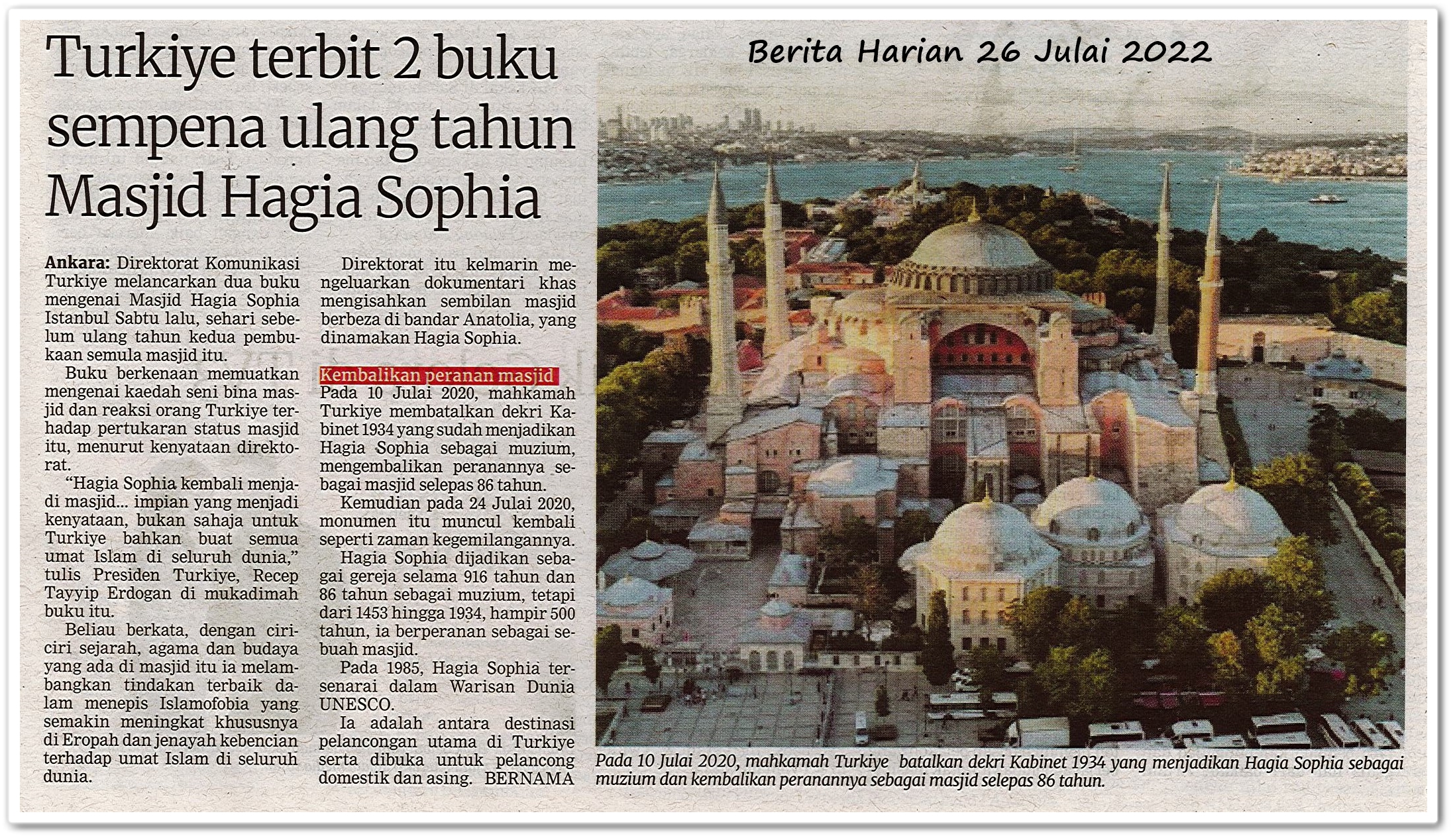 Turkiye terbit 2 buku sempena ulang tahun Masjid Hagia Sophia - Keratan akhbar Berita Harian 26 Julai 2022