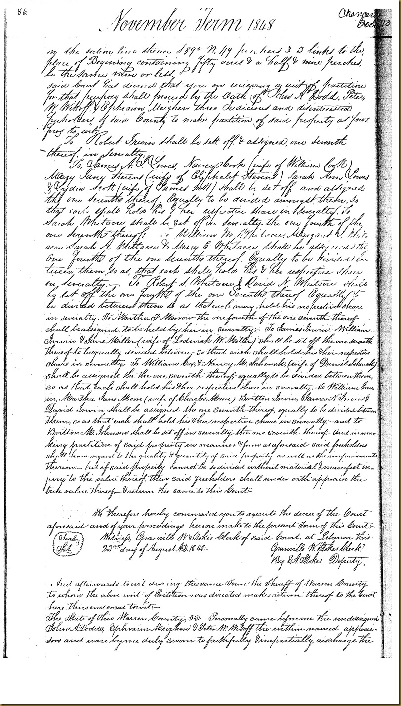 Robert and James Irwin, James Scott and wife, Lydia vs James Lowes 1848 9
