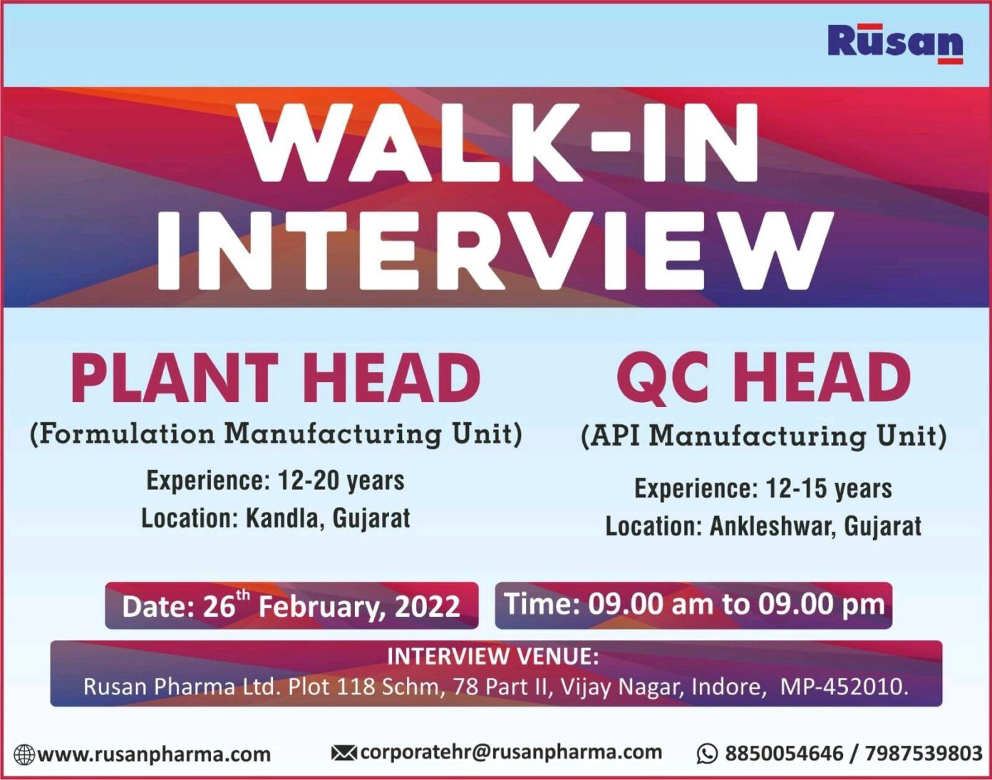 Job Availables,Rusan Pharma Walk-In-Interview For Plant Head/ QC Head