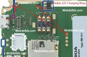   Download This Image  Follow this image. you can solve your nokia 225 Not Charging Problem. First Clean The motherboard use nc thinner. than check this red color line use your avo miter   if you get any short on this line. re shoulder this line use copper coil.