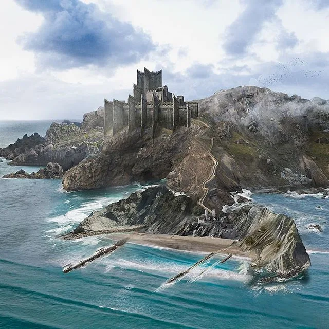 A digital artwork showcasing Dragonstone Citadel, the ancestral seat of House Targaryen, perched atop a cliff overlooking the sea