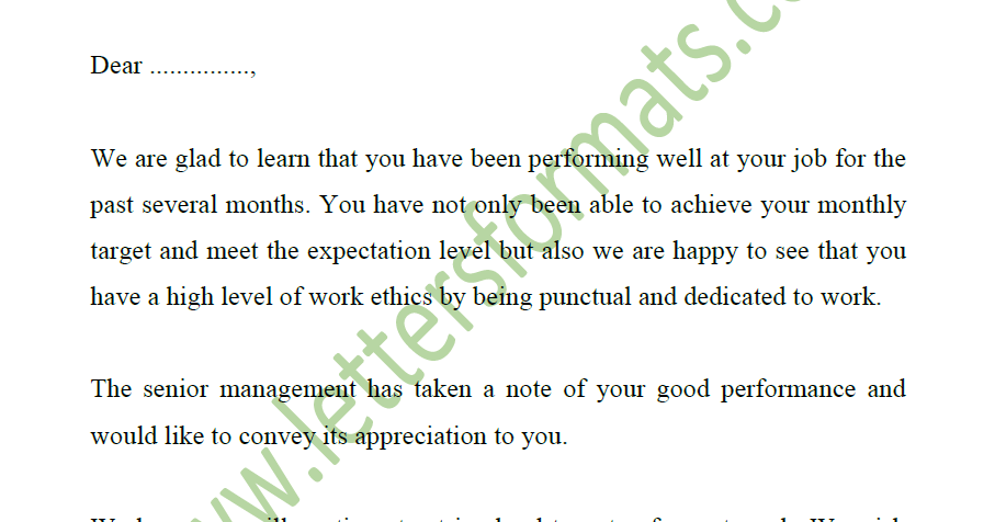 Appreciation Letter To Employee For Good Performance Sample